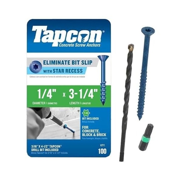 1/4-inch x 3-1/4-inch Climaseal Blue Slotted T30 Concrete Screw Anchors With Drill Bit, 100PK